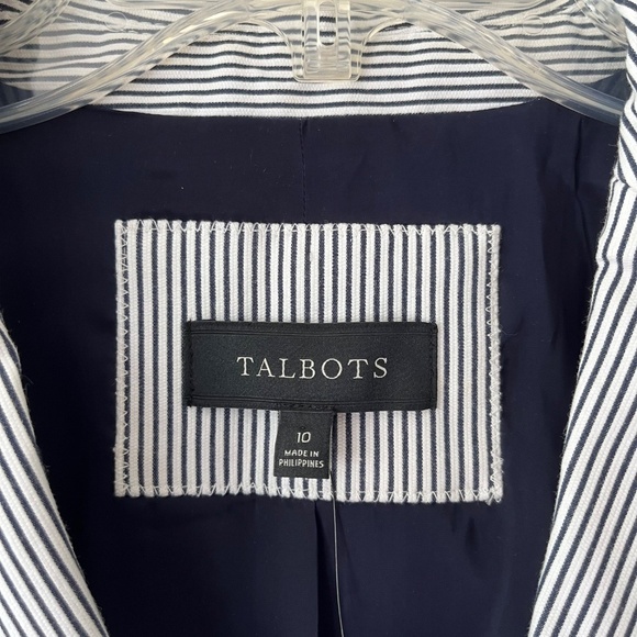 Talbots Sz 10 Navy White Striped Piped Blazer Jacket Patch Pockets Fully Lined - Picture 7 of 11